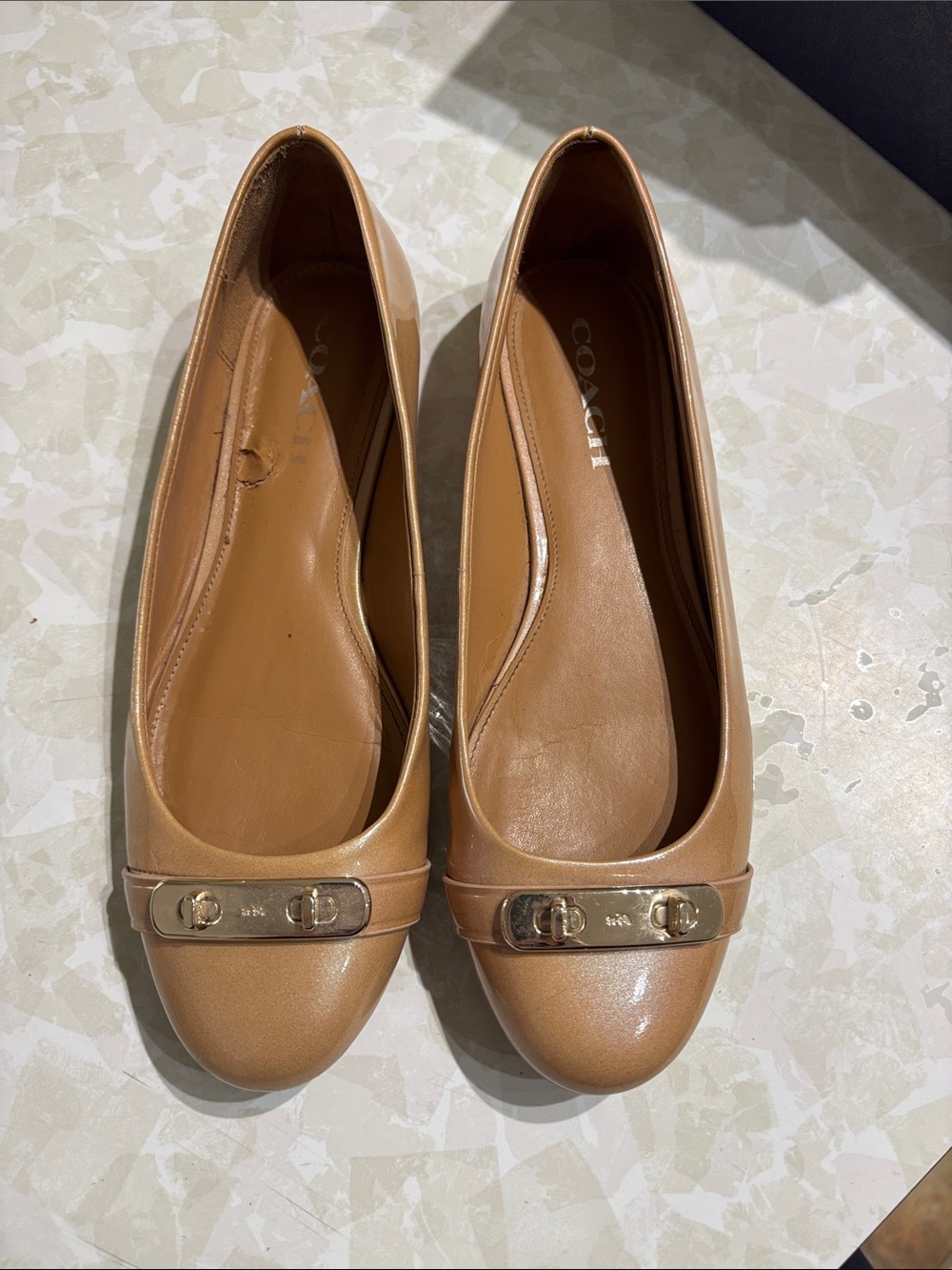 COACH Tan Leather Ballet Flats with Gold Accent Hardware